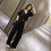 Women's Two Piece Pants Fashion Casual Set Women's 2022 Summer Korean Crop Top Thin Short Sleeve T-shirt High Waist Wide Suits WomenWome