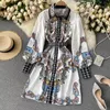 Casual Dresses French Style Women Elegant Party Single Breasted Long Sleeve Print High midje Vintage Dress 2022 Holiday A-Line Slim Dresscas