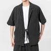 Summer Men, linho de algodão Harajuku camisas 2022 Summer masculino camisetas listradas soltas, cinto de estilo chinês Kimono Cardigan L220706