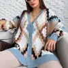 Jaquetas Femininas Casacos Casacos Estampados Cor Contraste Cardigã Moda Plus Size Suéter de Inverno Solto Casuais Malhas Oversized Decote em V Casaco Abotoado Único