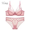 Varsbaby Sexy Plus Size Floral Lace Unlined Underwear Deep V Hollow 3/4 Cup Underwire ABCDE Cup Bra Set 220513