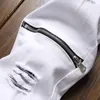 Mens Ripped Stretchy White Jeans Fashion Slim Knee Zipper Frayed Hole Pencil Pants Biker Casual Trousers Hip Hop Streetwear