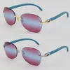 Whole Diamond Cut 3524012 Metal Rimless Sunglasses Blue Wood Frame Fashion High Quality Sun glasses Men Wooden Design Classica8113867