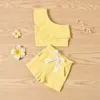 Baby Summer Clothing Girl Two Piece Set, Kid Single Shoulder Crop Tops Shirt Ripped Denim Shorts With Pockets For Children 220425