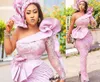 2022 ASO EBI Pink Mother of the Bride Dresses One Shoulder Full Lace Appliques Pärlor Långärmad sjöjungfrun Prom Evening Wedding Gästklänningar