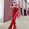 Chic Hollow Out Bandage Sexy Summer Red Leather Club Trousers Slim Straight Pants Faux PU Y2K High Waist Pants streetwear women 210709