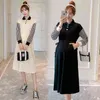 Autumn Pregnant Woman Fleece Dress TurnDown Collar Long Sleeve Stripe Patchwork Cord Maternity Elegant Dress Formal J220628