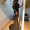 2022 Vestidos sexy de noite preta de renda usam sereia um ombro de ilusão de renda de renda de cristal lateral lateral vestido de manga longa vestidos de festa formal