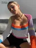 FSDA 니트 긴 소매 작물 탑 여성 해변 가을 여름 패치 워크 빈티지 그린 캐주얼 T 셔츠 섹시 패션 220616