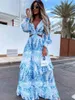 Femmes Robe Longue D'été De Mode Lâche V Cou Découpe Couture Imprimer Maxi Robes Femme Casual Plage Boho Parti Robe D'été Robe G220510