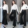 Kvinnors tvåbitar byxor Spring Women Pieces Passar Fashion Fare Pant Set Office Ladies Bow Collar Blue Shirts Långärmad arbete Sidor