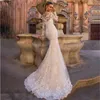 2022 Abiti da sposa in pizzo elegante con perline Mermaid Abiti da sposa con appliques a maniche lunghe di treno staccabile abito da sposa in raso avorio