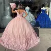 2022 Pink Quinceanera Dresses with with 3D Floral Lace Applique Beaded Tulle Swee Train Straps Pleats Sweet 15 16 Birthday Ball Go3394784
