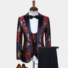 2022 Luxury Gold Floral Jacket Navy Blue Men's Suits 3 Pieces Slim Fit Groomsman Groom Wedding Tuxedos Party Blazer Vest Pant
