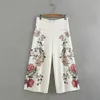 Nouvelle mode pour femmes pantalons capris lâches fleurs imprimées blanc couleur haute taille large jambe neuvième pantalon plus taille sml