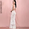 Lovemonade Sexy Deep V-образный вырез, вырезанный кружевный белый геометрический уход с блестками Bodycon Mink Press Maxi платье LM82308 220507