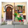 Vintage Stone Wall Flowers Tapestry Pink Rose Retro Bicycle Red Phone European Street Landscape Home Decor Mural Hanging Cloth J220804