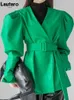 Lautaro Spring Green PU lederen jassen voor vrouwen met puff lange mouwen runway runway stijlvolle luxe designer kleding mode 2022 L220728