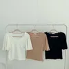 Damen-T-Shirts, schlichtes, solides Temperament, V-Ausschnitt, Aufflackernärmel-Shirt, kurzes T-Shirt, Damen-Wild-Top, schwarzes T-Shirt, weißes Strick-T-Shirt, Ropa