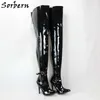 Sorbern Unisex 12Cm High Heel Boots Women Lockable Zipper Back Stilettos Mid Thigh High Boot Hard Shaft Ankle Strap Pointed Toe