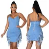 Plus storlek klänningar sexig spaghetti rem Tassel backless bodycon jeans sommarklänning bomull denim party vestidos mujer verano 2022plus