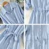 Gestreiftes Damenkleid Tunika Langarm Elegantes Hemd Blau Weiß Schwarz Frühling Sommer Damen Casual Streifen Mini es 220613