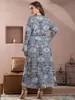 Robes grande taille longues femmes printemps automne femme col en V manches rétro impression robe Vintage Maxi robes irrégulièresplus