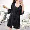 Momento de sono feminino Sexy Lace 2pcs Robe Lady Satin Nightgown Perspective Strap Kimono vestido com Hollow Out Bathrobe Summer Loungewearwomen's