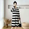 Autumn Pregnant Women V Neck Long Sleeves Side Split Loose Sweaters Wide Stripe Knitting Dress Plus Size Maternity Straight Dress J220628