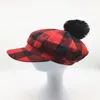 Berets Women Plaid Baker Boy Hat Removable Faux Fur Pompom Girls Red Black Checked Baseball Cap Octagonal Sboy Winter HatBerets