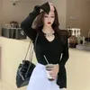 Kadınlar Sweaters Satış Bahar Yaz Seksi Chainv-Beect Tasarım Tam Kollu Gömlek Tatlı İnce İnce Düz Renk Siyah Örgü Külkü Topçun