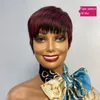 Short Bob Straight Wig With Bangs Full Machine No Lace Wigs For Women Brazilian Wavy Tiger Pattern Burgundy Color Human Hair Pixie Cut Wig