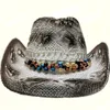 Bérets rétro femmes hommes bois perle bande évidercuisson peinture Cowboy Cowgirl Western été raphia paille soleil plage chapeau taille unique 5