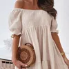 Kvinnor Sexig rygglös miniklänning Summer Fashion Lady Slash Neck White Puff Sleeve Big Swing Party Beach Dresses Casual Robe Femme 226014