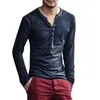 Men Tee Shirt Vneck Long Sleeve TeeTops Stylish Slim Buttons Tshirt Autumn Casual Solid Male Clothing Plus Size 3XL 220526