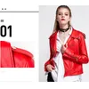 Ftlzz Autumn Faux Leather Coat Women Red Pu Leather Jacka Women Kort cyklistjackor avvisar krage Slim Motorcykelutkläder 220815