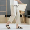 Męskie spodnie męskie bawełniane lniane spodnie luźne luźne przycięte proste zwykłe stałe kolory japoński w stylu sznurka duża kieszeń