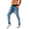 Pantalon de jogging en denim indigo pour hommes, bouton de fermeture, cordon de serrage, coupe régulière, jean en denim bleu, pantalon en denim sarouel T200614