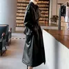 Nerazzurri vår svart överdimensionerad lång vattentät lädergravrock för kvinnor långärmad lös koreanska modekläder 220813