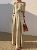 Work Dresses Casual High Street Two Piece Suit Women O Neck Sleeveless Tank Top Wide Leg Pants Outfits Summer Solid Cotton Linen