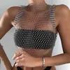 Kvinnors fisknätskörd topp sommar sexig mesh hög elastisk svart vit tröja nät se genom rave diamant tank 220318