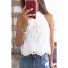 White Cropped Chiffon Halter Women's Blouse Top Hollow Out Embroidery Sleeveless Lace Up Shirts Sexy Summer Blouses and Tops L220705