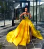 Vestido de baile longo amarelo frente única para meninas negras 2022 vestidos de noite frisados sereia vestidos de festa de aniversário fenda alta robe de soiree