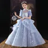Cheap Blush Blue Flower Girls Dresses Long Sleeves For Weddings Lace Appliques Ball Gown Sequined Birthday Girl Communion Pageant Gowns 403