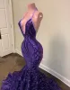 2022 Purple Sparkly Sequined Lace Long Evening Dresses Wear Sexy Backless Halter African Girls Mermaid Sequins Women Formal Prom Party Gowns Plus Size