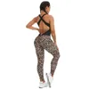 Leopard Yoga Set Fitnes Jumpsuit Sexig ärmlös Tracksuit Sports Leggings Gym Backless Workout Sportswear 220513