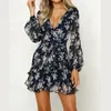 Robes décontractées femmes col en V à manches longues en mousseline de soie robe d'été sexy à lacets bouquet imprimé plage mini balançoire robe décontractée