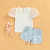 Clothing Sets Summer Fashion Girls Lace Bubble Sleeve Set 2022 Children's Ruffle Off Shoulder Top Denim Shorts Casual Two-piece SetCloth