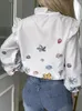 Camicette da donna Camicie Camicetta con stampa alla moda Donna Camicia elegante in pizzo a farfalla Top arricciato Casual Manica lunga Bianco Blusa FemininaDonna
