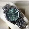 2021 MENS WATCH 41MM شريط أوراق خضراء طباعة الطلب تاريخ الياقوت الكريستال الفولاذ المقاوم للصدأ ساعة الاغتصاب الآلي أوتوماتيكي